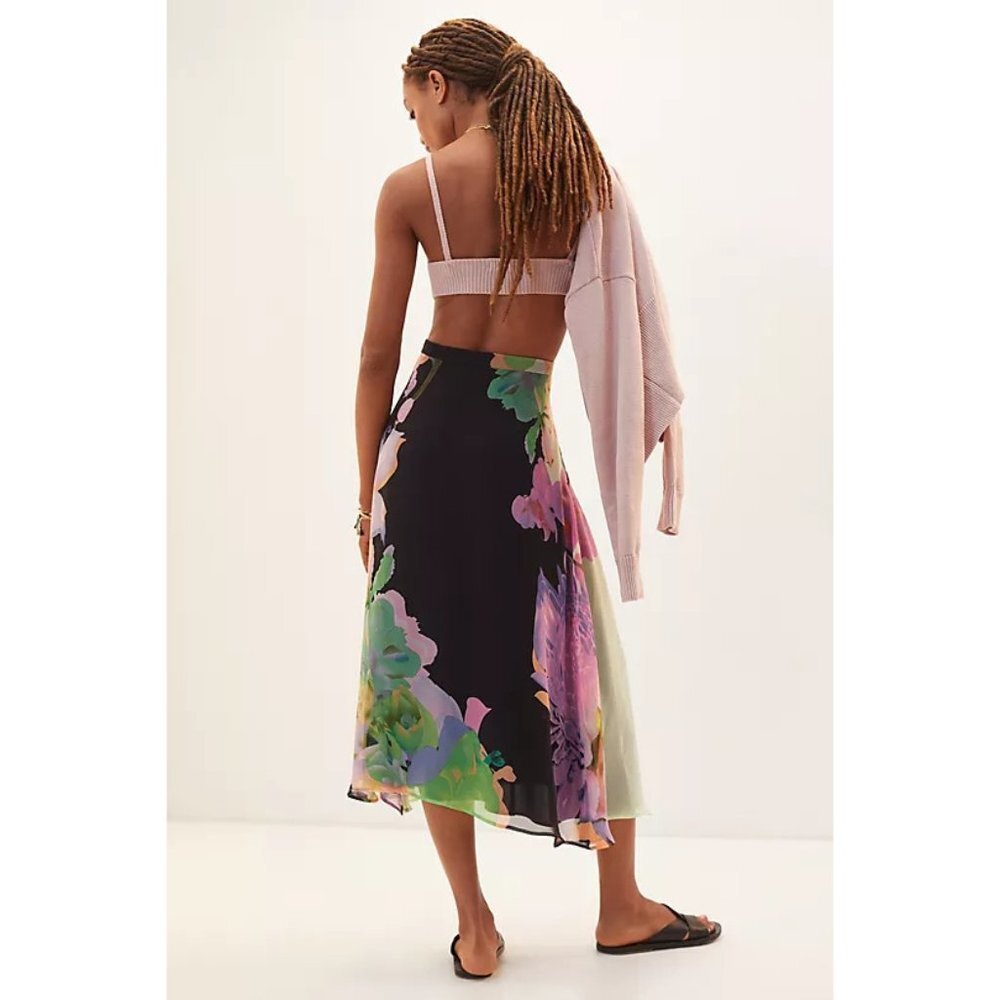 Eva Franco Anthropologie large Floral Midi Skirt A Line chiffon lavender black - Picture 4 of 6
